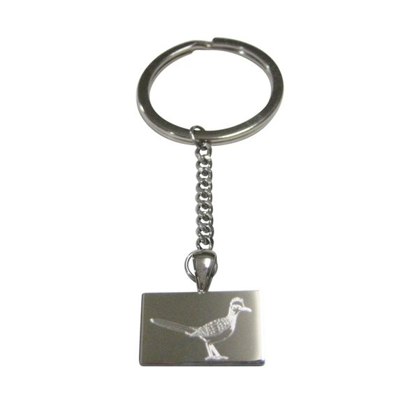 Silver Toned Rectangular Etched Roadrunner Bird Pendant Keychain - Picture 1 of 2